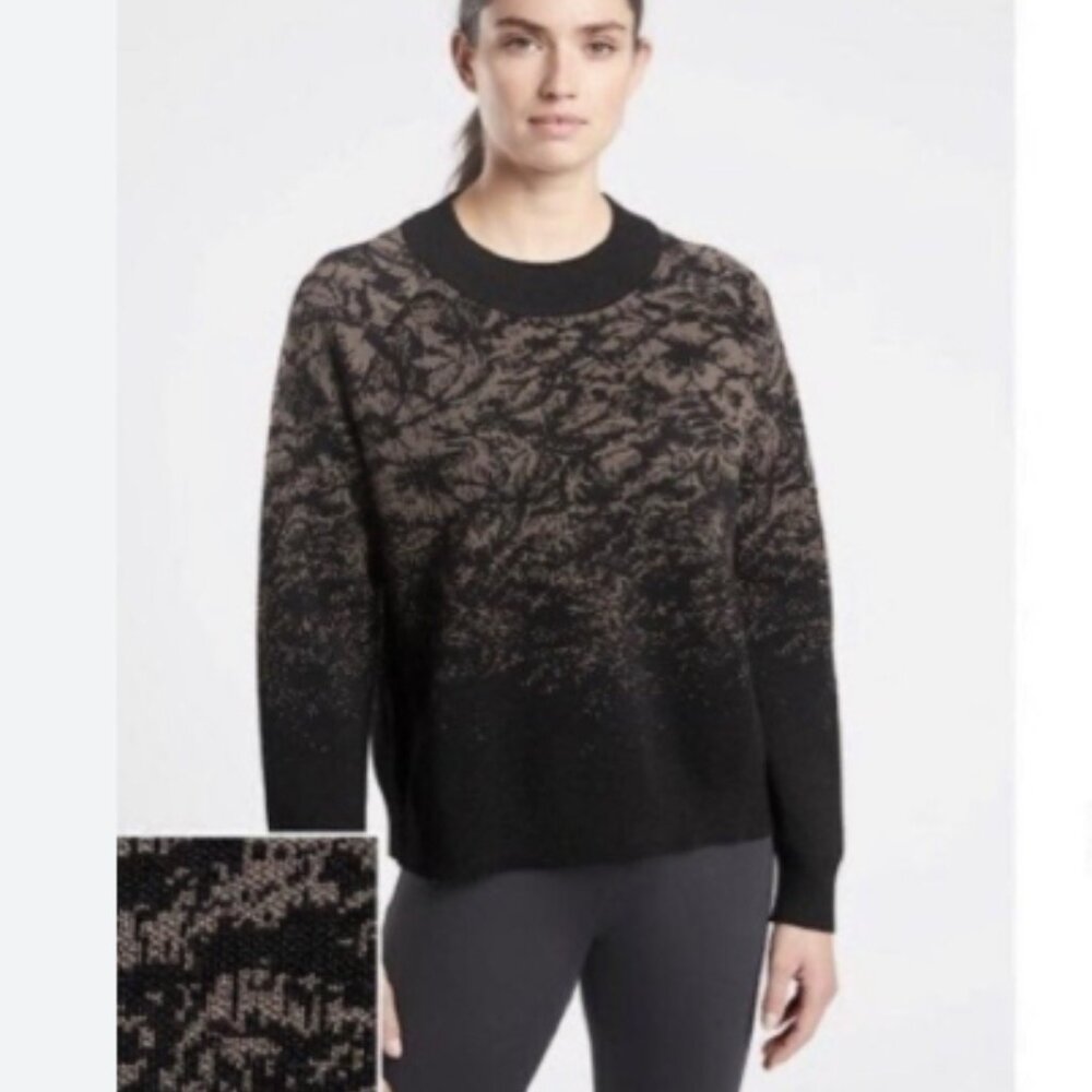 Athleta Jacquard Crew Sweater XXS Black Gray-Tan Mock Neck Long Sleeve